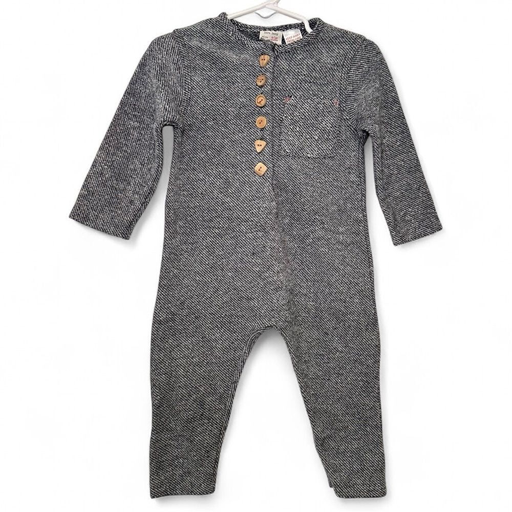 Zara Knit Romper Baby 9-12 Month Gray One Piece Outfit Wood Buttons